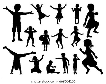 Silhouette of boys and girls kids children having fun
