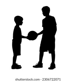 Silhouette of boys playing basketball together. Kids holding the basketball in hand silhouette.
