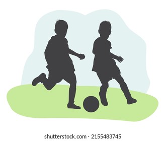 Silhouette Boys playing soccer game together. Black and white team attacking, boy is in defence. Kid swinging leg to kick ball. Junior football players. Flat vector children character illustration