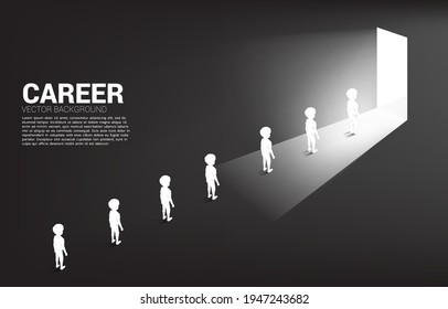 Silhouette of boys standing in a row in front of a door with light. Concept of education solution and future of children.