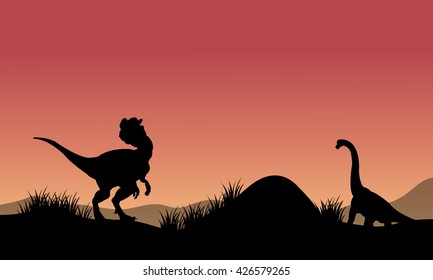 Silhouette of Brachiosaurus and Dilophosaurus at the morning