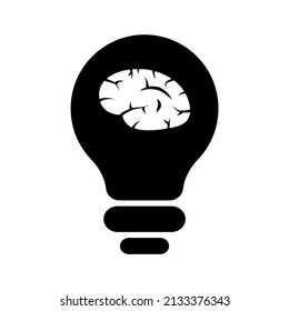 Silhouette of a brain in a light bulb, an illustration of an idea and a mental process. Icon symbol of idea and imagination. Isolated on white background. Vector graphic
