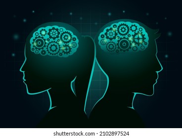 Silhouette brains of Man and woman have gears inside. Illustration about any brain work and Artificial Intelligence.