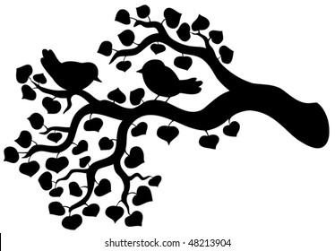 Silhouette of branch with birds - vector illustration.