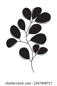 Silhouette branch with eucalyptus leaves, stem in black isolated on white background. Hand drawn vector illustration in doodle line modern trendy style. Floral design, botanical, print, decorative