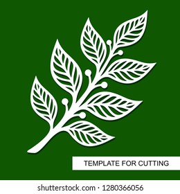 Silhouette of a branch with leaves. Theme of plants. Template for laser cut, wood carving, paper cutting and printing. Vector illustration.