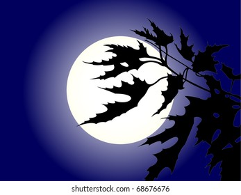 Silhouette of a branch of a maple against the moon. Vector.