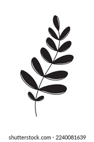 Silhouette of branch with rounded leaves and stem in black on white background. Hand drawn vector illustration in doodle line modern trendy style. Floral design, botanical, print, decorative