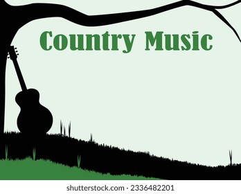 Silhouette of a branch stretching out over a meadow with the silhouette of a guitar and the text Country Music