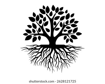 Estilo de logotipo ou ícone de árvores de ramos e raízes da silhueta. ilustração desenhada à mão sobre fundo branco.