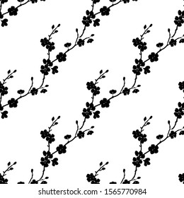 Silhouette of branches of a black cherry. Seamless pattern. Vector illustration.