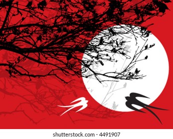 silhouette branches, moon and two swallows (vector) - illustrated art