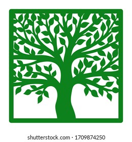 Silhouette of a branchy tree with leaves in a square frame. Green isolated object on a white background. Vector design element for plotter cutting, template for paper cut, plywood, cardboard.