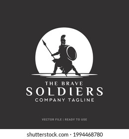 Silhouette of Brave Soldier, Spartan Soldier with Spear and Shield Logo Design Concept. Suitable for Poster, Flyer, Greeting Cards, Sticker, Social Media and Tshirt Design