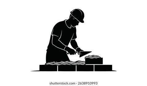Silhouette: Bricklayer Spreading Mortar on Brick Precisely