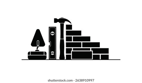 Silhouette: Bricklayer's Toolkit Beside Half-Finished Wall