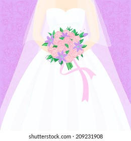 Silhouette of a bride with a bouquet of roses on a patterned purple background. Can be used as greeting or invitational card