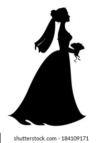 Silhouette of bride with bridal bouquet