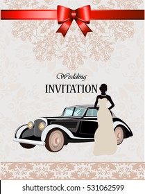 Silhouette of a bride with a classic car for greeting card or invitation to the wedding. Vector Illustration 
