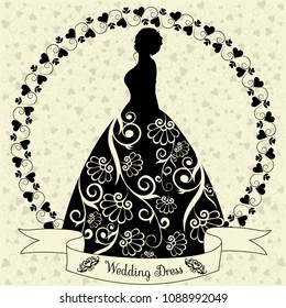 silhouette of the bride in a dress with a pattern