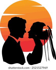 A Silhouette of a Bride and Groom Against a Vibrant Sunset Backdrop, Perfect for Romantic, Wedding, and Love-themed Designs. Ideal for Invitations, Cards, or Romantic Artwork.