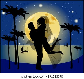 Silhouette of bride and groom background of the full moon 