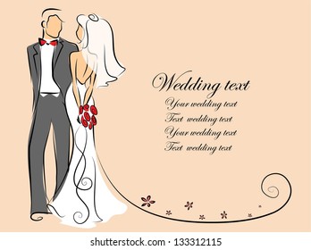 Silhouette of bride and groom, background, wedding invitation, the vector