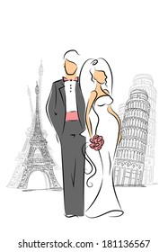 Silhouette of bride and groom, background, wedding invitation, the vector 