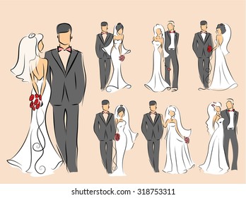 Silhouette of bride and groom, background, wedding invitation, the vector 