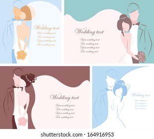 Silhouette of bride and groom, background,set of wedding invitation