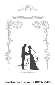 The silhouette of the bride and groom in a beautiful floral frame. Festive graphic template for invitation cards with place for text