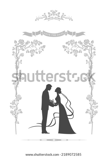 The silhouette of the bride and groom in a beautiful\
floral frame. Festive graphic template for invitation cards with\
place for text