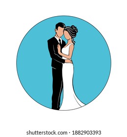 Silhouette of the bride and groom. Beautiful newlywed couple stand together in an embrace. Template for decorating wedding cards and invitations. Vector isolated illustration in a round frame.