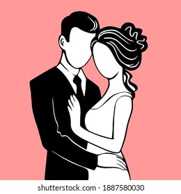 Silhouette of the bride and groom. Beautiful newlywed couple. Template for decorating wedding cards and invitations. Vector illustration with pink background.
