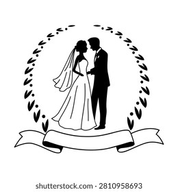 Silhouette of bride and groom embraced inside laurel wreath with decorative ribbon