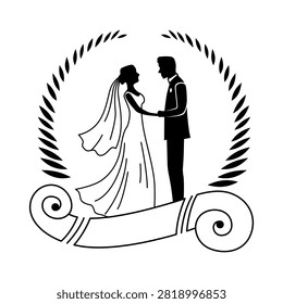 Silhouette of bride and groom embraced inside laurel wreath with decorative ribbon