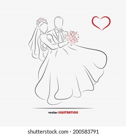 Silhouette of bride and groom for greeting card or wedding invitation