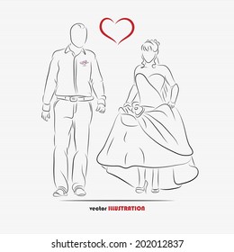 Silhouette of bride and groom for greeting card or wedding invitation