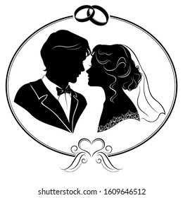 Silhouette of the bride and groom isolated on a white background. Wedding card.