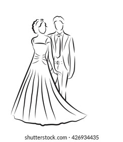 silhouette of bride and groom, newlyweds sketch, hand drawing, wedding invitation, vector illustration