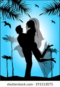 Silhouette of bride and groom on the background of blue sky