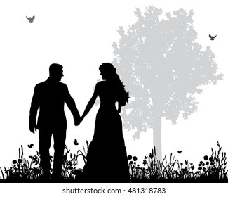 silhouette of bride and groom outdoors 