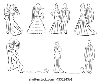 silhouette of bride and groom set, newlyweds sketch, hand drawing, wedding invitation, vector illustration