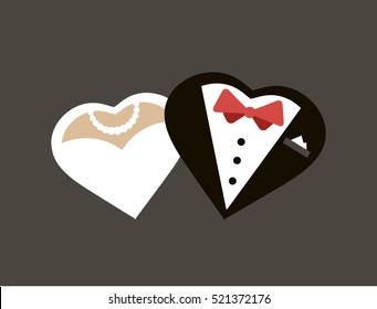 Silhouette of bride and groom in the shape of hearts. Picture for wedding invitations. Wedding invite