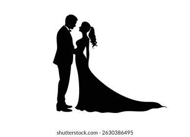 Silhouette of a bride and groom standing closely face to face, the bride in a long flowing gown and the groom in a formal suit.