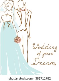Silhouette of bride and groom. Wedding background for invitation. Hand drawing illustration