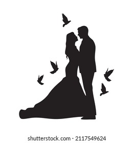 Silhouette bride and groom wedding couple. Valentine day. Vector image