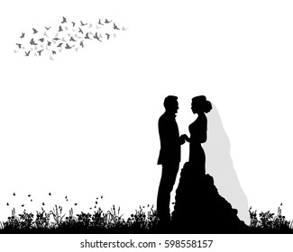 silhouette of the bride and groom, wedding, postcard