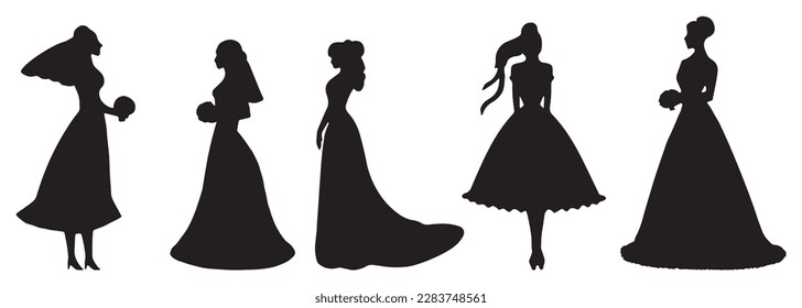 Silhouette de una novia con un vestido magnífico. Impresión vectorial para salón de bodas o diseño de salón de bodas. Diseño de invitación de boda feliz