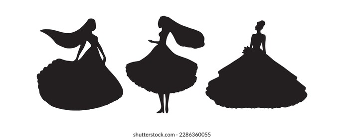 Silhouette of a bride in a magnificent dress. Vector print for wedding salon or wedding hall design. Happy wedding invitation design